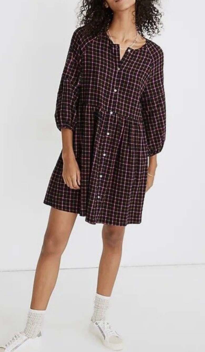 Madewell pink plaid flannel shirt dress Size 4 Classic Preppy Casual Cabin Retro